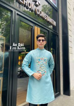 Ao Dai for Men/ Ao Dài Men for groom, groomsmen, wedding guest. Material : Embroidery luxury material Stretchy : 2/10  *  Elevate your style with our traditional Vietnamese Áo Dài for men. Made with high-quality fabrics, our Áo Dài is lightweight, comfortable, and easy to wear. Our skilled artisans handcraft each Áo Dài with special attention to detail and quality to ensure that it lasts a long time and looks great. *  With a wide variety of colors, patterns, and styles to choose from, our Áo Dài is perfect for everyday use or special occasions such as New Year, Wedding, wedding guest, Groomsmen.  * By purchasing our Áo Dài, you are directly supporting Vietnamese artisans and the preservation of traditional Vietnamese culture. Order now and elevate your style with our handmade Áo Dài for m Blue Long Sleeve Traditional Wear For Groom, Blue Traditional Sherwani For Spring, Traditional Blue Sherwani For Spring, Spring Blue Traditional Sherwani, Fitted Embroidered Ao Dai With Stand Collar, Traditional Blue Ao Dai For Formal Occasions, White Ao Dai Men, Traditional Embroidered Blue Ao Dai, Traditional Fitted Blue Ao Dai