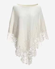 Our Lace Inset Poncho lends much needed warmth to your work and weekend outfits in cooler seasonal temps. Providing soft comfort and freedom of movement, this flowy silhouette is enhanced with lace insets for a feminine finish. | Boston Proper - Off White - Lace Inset Poncho - XS/Small Elegant Beige Poncho, Elegant Solid Poncho For Fall, White Poncho For Layering, Elegant Winter Poncho For Layering, Elegant White Poncho For Winter, Chic White Poncho For Fall, Chic White Fall Poncho, Elegant White Winter Poncho, Chic White Poncho For Winter