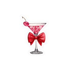 a watercolor drawing of a pink martini with a cherry on the rim and a red bow tie