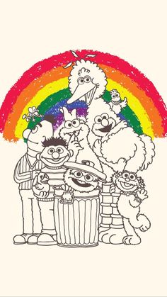 an image of sesame characters in front of a rainbow