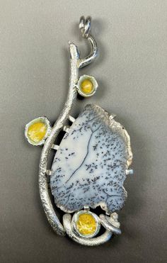 Pendant: Dendritic Opal Sterling Silver Enamel over 24 K | Etsy Luxury Silver Cabochon Gemstones, Elegant Freeform Gemstone Jewelry, Luxury Silver Necklace With Stone Setting, Handmade White Fusion Jewelry, Elegant Silver Agate Gemstones, Yellow Gemstone Fusion Jewelry, Yellow Fusion Gemstone Jewelry, Wedding Agate Cabochon Jewelry, White Fusion Pendant Jewelry