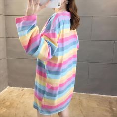 SIZE CHART: Pastel Long Sleeve Cotton Tops, Colorful Oversized Casual Top, Rainbow Long Sleeve Cotton Top, Colorful Long Sleeve Casual Shirt, Trendy Oversized Colorful Tops, Trendy Oversized Multicolor Shirt, Trendy Long Sleeve Rainbow Tops, Pastel Long Sleeve Tops For Spring, Casual Long Sleeve Rainbow T-shirt