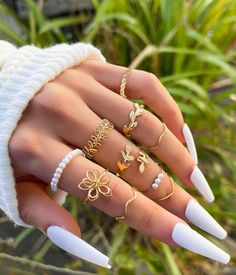 10pcs Leaf & Faux Pearl Ring Set Ring Sets Boho, Gold Color Ring, Knuckle Ring, Geometric Flower, Geometric Ring, Knuckle Rings, Styl Boho, Finger Rings, Rings Set