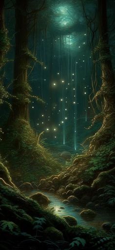 a forest filled with lots of trees and lights in the night sky, surrounded by moss