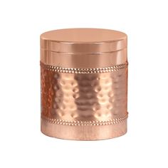 a copper colored metal container with beading on the top and bottom, set against a white background