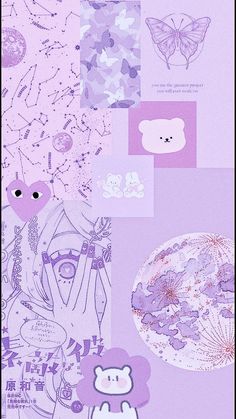 a collage of various images with animals and flowers on them, in purple tones