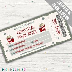 "Printable Christmas movie ticket template, ideal for creating a Christmas movie party invitation or souvenir family movie night ticket. All wording is self-editable in Adobe Reader, allowing buyers to instantly download their purchase and add the information to the ticket themselves. Please note, the template will only work correctly in Adobe Reader, and not in alternative PDF programs.   The Christmas movie night ticket measures approximately 7.5\" by 3.5\", and prints one ticket or three tickets to a standard letter sized page. It is recommended that you print the ticket onto heavyweight card stock for a professional finish. EDITING YOUR PDF To help create a great looking ticket, the PDF contains editable fields - just open the PDF and fill out the details where indicated. A \"How To Ed Printable Movie Tickets Templates Free, Christmas Movie Ticket, Movie Night Christmas, Movie Ticket Template, Movie Night Tickets, Movie Party Invitations, Ticket Template Free, Movie Night Invitations, Printable Tickets