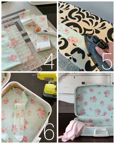 four pictures showing how to make an upholstered suitcase with flowers on the inside