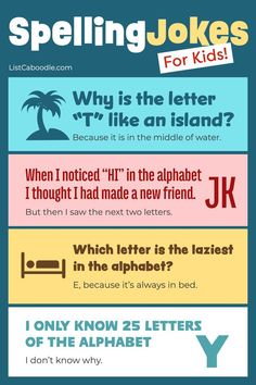 Funny alphabet and spelling jokes for kids. Fun English Games, Spelling For Kids, Funny Riddles, Math Jokes