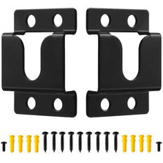 pair of black plastic door latches with screws and screws on white background