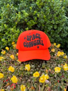 Space Cowgirl Neon Trucker Hat Adjustable snap back Neon foam trucker Space Cowgirl Adjustable Orange Cap, Fun Snapback Hat For Country Events, Fun Orange Adjustable Hat, Retro Adjustable Orange Hat, Adjustable Retro Orange Hat, Trendy Baseball Cap For Country Events, Retro Orange Adjustable Trucker Hat, Orange Cap, One Size Fits Most, Adjustable Orange Hat With Letter Print