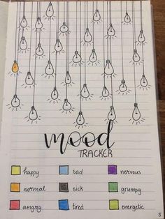 the words mood tracker are written on lined paper with colored pencils hanging from them