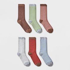 Gift your sock drawer a cool, comfy update with these Women's Striped 6pk Crew Socks - A New Day™ Assorted Colors 4-10. This pack of socks comes with six pairs — featuring stripe patterns, giving you stylish options to coordinate with a range of looks. They're made from a soft fabric with a touch of spandex for comfortable wear, while the fully elastic trims offer the perfect fit. Simply pair them with sneakers, boots and more to add a cool twist to your look. A New Day™: Style that goes whereve Pack Of Socks, Cool Socks Aesthetic, A New Day Target, Stripe Socks, Holiday Socks, Funky Socks, Fun Socks, Sock Drawer, Sock Packs