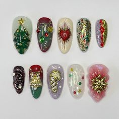 Unique Christmas Design Medium Almond Press on Nails Luxurious Red & Green Holiday Nail Art , Gift for Her - Etsy 3d Xmas Nails, Yuletide Nails, Christmas 3d Nail Art, Gravity Falls Nails, Nail Art Christmas Designs, Christmas Nails 3d, Extra Christmas Nails