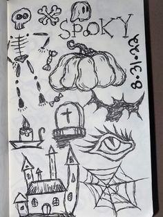 a notebook with some drawings on it and the words spooky written in black ink