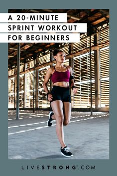 a woman running with the text, a 20 - minute sprint workout for beginners