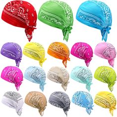 many different colored bandanas are shown in this image, including one with an intricate design on