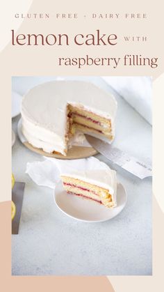 a lemon cake with raspberry filling on a plate