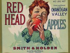 an advertisement for red head apples with a young boy eating an apple