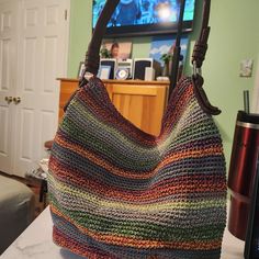 Sunset Stripe,Main Zipper Closure, Single Shoulder Strap, Interior Contains A Black Wall Zipper, Two Front Wall Pockets, Antique Brass Tone Hardware, 14"Wx12"Hx4.5"D Two Tone Crochet, Striped Bags, Front Wall, The Sak, Black Wall, Wall Pockets, Crochet Handbags, Black Walls, Crochet Bag