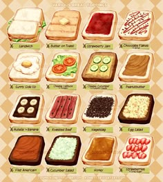 the different types of sandwiches are shown in this illustration, and each have different toppings