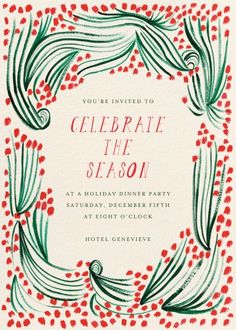 a red and green holiday card with holly branches in the middle, surrounded by berries