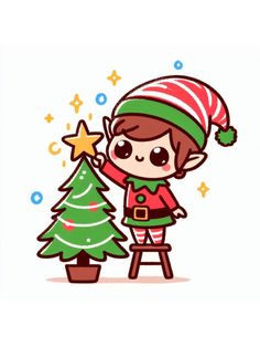 a little elf standing next to a christmas tree