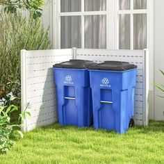 two blue trash cans sitting in the grass