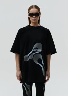 Oversized unisex t-shirt. Features a unique print in UNIVERSE edition. Made with high quality materials. Material: 95% cotton, 5% elastane Model wears: M sizeModels height: 173 cm Black Man, Short Leggings, Unique Print, Short Pants, Black Men, Unisex T Shirt, Black Women, Universe, Casual Outfits