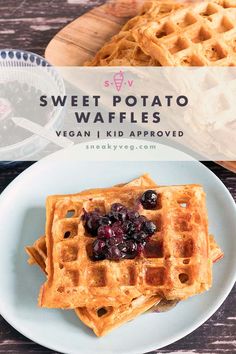 two waffles on a plate with the words sweet potato waffles vegan kid approved