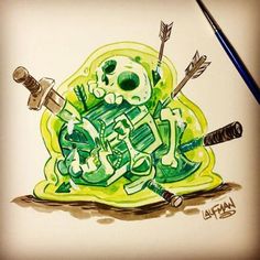 a drawing of a skull sitting on top of a green object with arrows in it