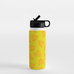 a bright yellow and orange water bottle with a black lid on a white background,