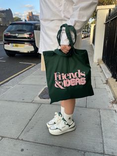 Friends&Ideas Tote Bag - handmade with love in London. It is reusable, can be easily carried, folded and stored. All these qualities qualify it to be replaced with the use of plastic and non-bio-degradable bags. You can wear a crochet tote bag as long as you wish and return on the environmental investment. A tote bag is your best option. You can carry it anywhere you wish to. If you need an all-rounder bag that can transform from a day bag to a travel bag with ease, tote bags are the best option Casual Green Bag With Letter Print, Casual Green Bag As Gift, Trendy Everyday Recyclable Bags, Green Canvas Bag With Letter Print For Everyday, Green Letter Print Shoulder Bag For Daily Use, Green Shoulder Bag With Letter Print For Daily Use, Green Bags With Letter Print For Daily Use, Trendy Recyclable Bags For Daily Use, Casual Green Canvas Gift Bag