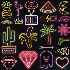 neon stickers on a black background with different types of items in the shape of palm trees