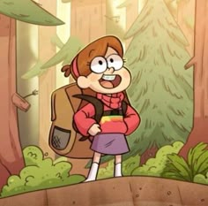 a cartoon girl with a backpack in the woods