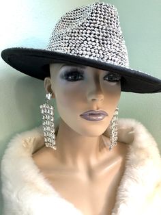 "Flashy all over gem colorful hat in fedora style. Stiff and sturdy design.  Measures 22.5\" in circumference Colors: Black Silver AB Purple AB Red AB Green *Please note this is for hat only, does not include earrings or faux fur shawl. You can get earrings here ---->https://www.etsy.com/listing/1352094950/bold-gem-earrings-rhinestone-dangle?click_key=f20c1f56ea134be402d022d8567479d14f30786b%3A1352094950&click_sum=593440df&ref=shop_home_active_1&frs=1" Dressy Hat Outfits, Adjustable Party Hat With Bling, Party Hat With Rhinestones And Flat Brim, Rhinestone Party Hat, Adjustable Party Hats With Rhinestones, Silver Brimmed Party Hat, Party Hats With Rhinestones And Curved Brim, Trendy Party Hats With Rhinestones, Trendy Rhinestone Party Hats