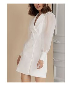 White Long Sleeve Fitted Mini Dress, Chic White Mini Dress For The Office, Chic White Mini Dress For Office, White Long Sleeve Mini Dress For Office, White V-neck Dress For Office, White Knee-length Dress For Fall, White Knee-length Mini Dress For Fall, Chic White Mini Dress With Long Sleeves, Long Sleeve White Feminine Mini Dress