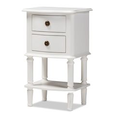 a white nightstand with two drawers on each side and an open shelf underneath the drawer