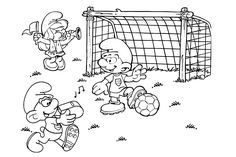 two cartoon characters playing soccer in front of a goalie net, one is kicking the ball