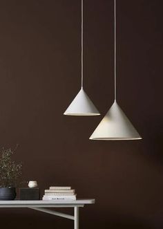 three hanging lights over a table with books and plants on it in front of a brown wall