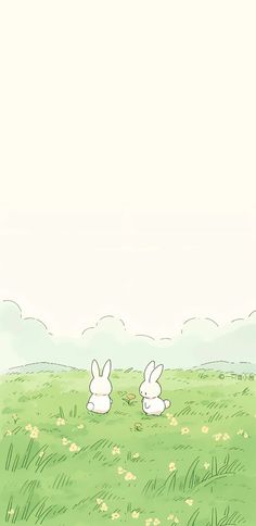 two white rabbits sitting in the grass with one looking up at the sky above them