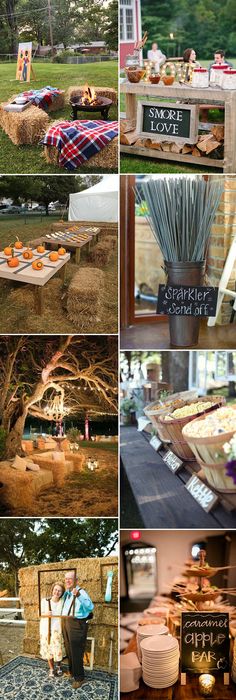 a collage of pictures showing different types of food and drinks on display at an outdoor event