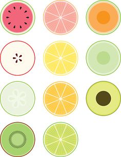 a bunch of different kinds of fruit on a white background, including kiwis, oranges, lemons and watermelon