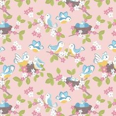 a pink background with birds and flowers on it