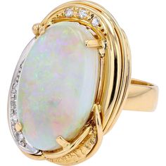 Enchanting 18K Yellow Gold and Platinum Opal Oval Ring - 6.69 Carat Luxury Yellow Gold Opal Ring With Polished Finish, Luxury Oval Opal Ring For Anniversary, Luxury Yellow Gold Oval Cabochon Rings, Luxury Gold Opal Ring Oval Cabochon, Luxury Gold Opal Ring With Oval Cabochon, Luxury Yellow Gold Opal Ring With Brilliant Cut, Yellow Gold Diamond Ring With Oval Cabochon, Formal Yellow Gold Oval Cabochon Diamond Ring, Formal Multi-stone Oval Cabochon Rings