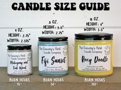 three different types of candles sitting on a wooden table next to the words candle size guide