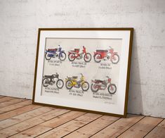 an image of a framed poster with motorcycles on it's sides and the names of their bikes