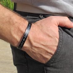 Black personalized mens bracelet. Custom engraved metal cuff bracelet for men! Have a look my handcrafted mens bracelet.  Classic black bracelet. The metal cuff comes in a classic black color that goes with any wear well. The bracelet can be engraved with symbols you want. These can be latitude longitude coordinates of a place you want. It's a fine idea to carry the memory of your favorite place in the world with you.  Features: → Size is adjustable:  You can bend the cuff a little to open and c Black Bracelet For Men, Mens Bracelet Personalized, Custom Cuff Bracelet, Custom Engraved Bracelet, Hammered Cuff Bracelet, Mens Bracelet Black, Matching Couple Bracelets, Boyfriend Personalized Gifts, Coordinates Bracelet