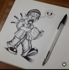 a drawing of a person with a book and pen on top of a piece of paper