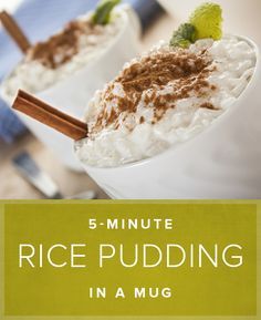 rice pudding in a mug with cinnamon and mint garnish on the rims